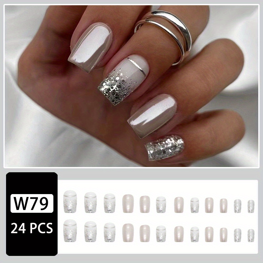 Glitter Silvery Press On Nails Medium Length Glossy Square Fake Nails