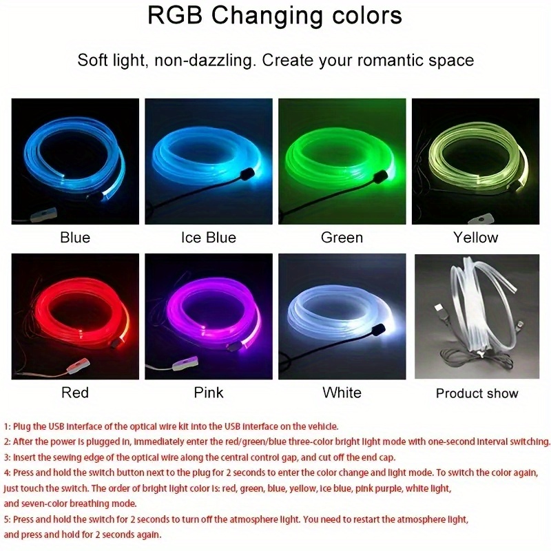 2M/157.48inchLed Strip Car Interior Decorations Atmosphere Light RGB Neon  DIY Dashboard Ambient Optical Fiber Strips Lamp With USB Drive