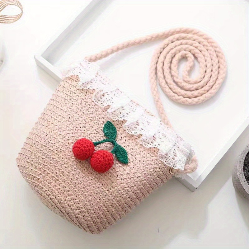 Fruit Pom Straw Crossbody Bag