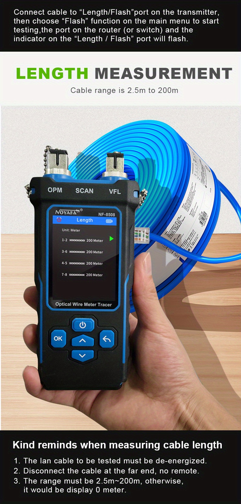 Testeur Fibre Optique Power meter et VFL et Réseau Ethernet RJ45 -  Rechargeable