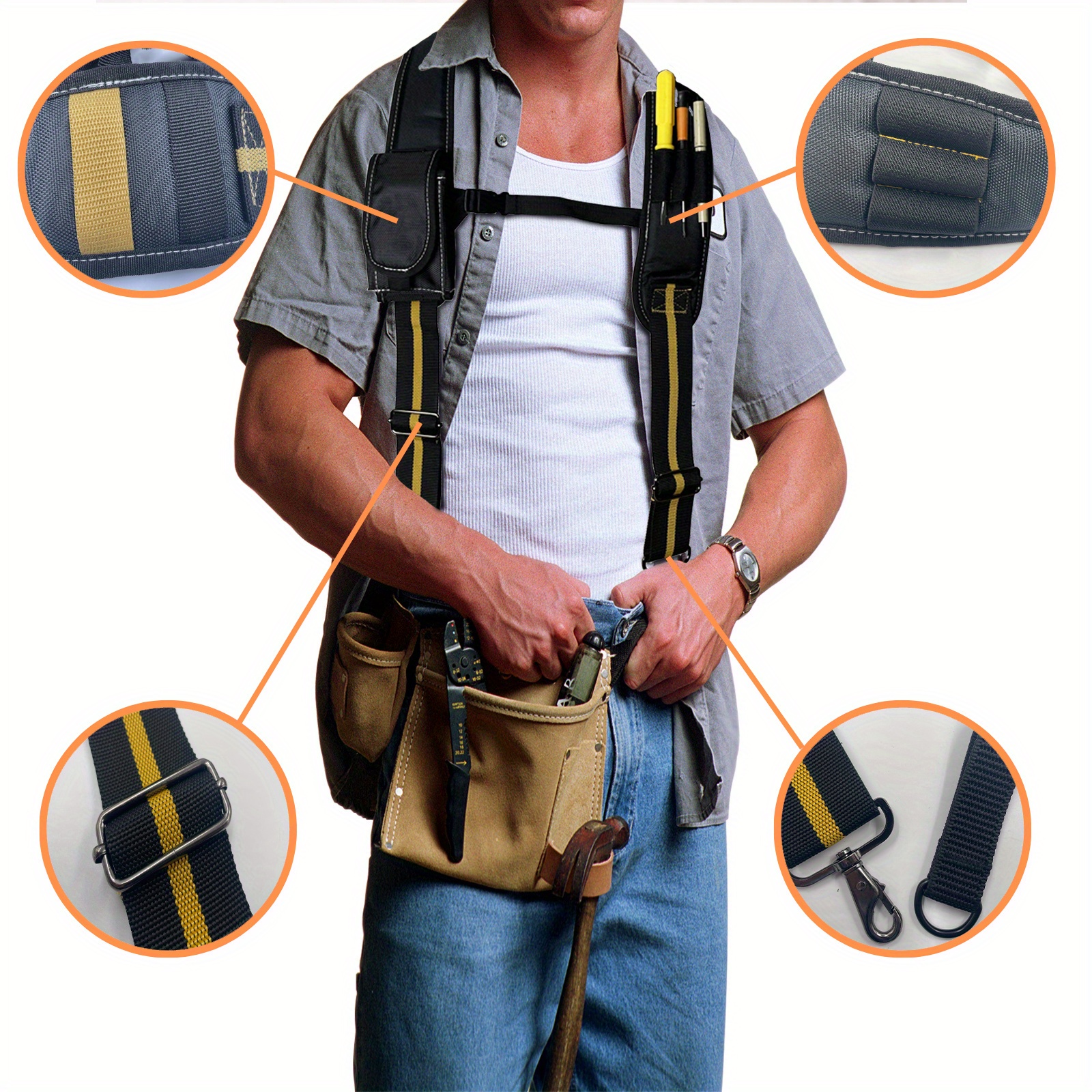 Tool Belt Suspenders With Large Moveable Phone Holder Pencil Holder