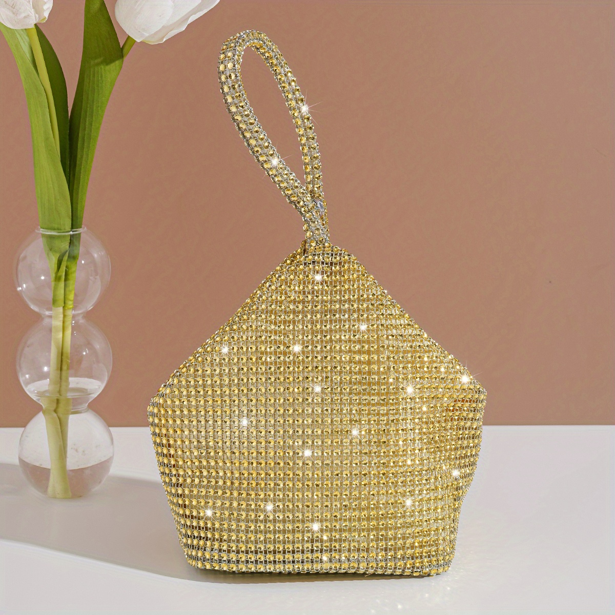 Glamorous Glitter Bling, Sequin, Luxury, Shiny Rhinestone Evening Bag, Glitter Prom Purse, Triangle Designer Clutch Bag for Party Wedding Faux Pearl