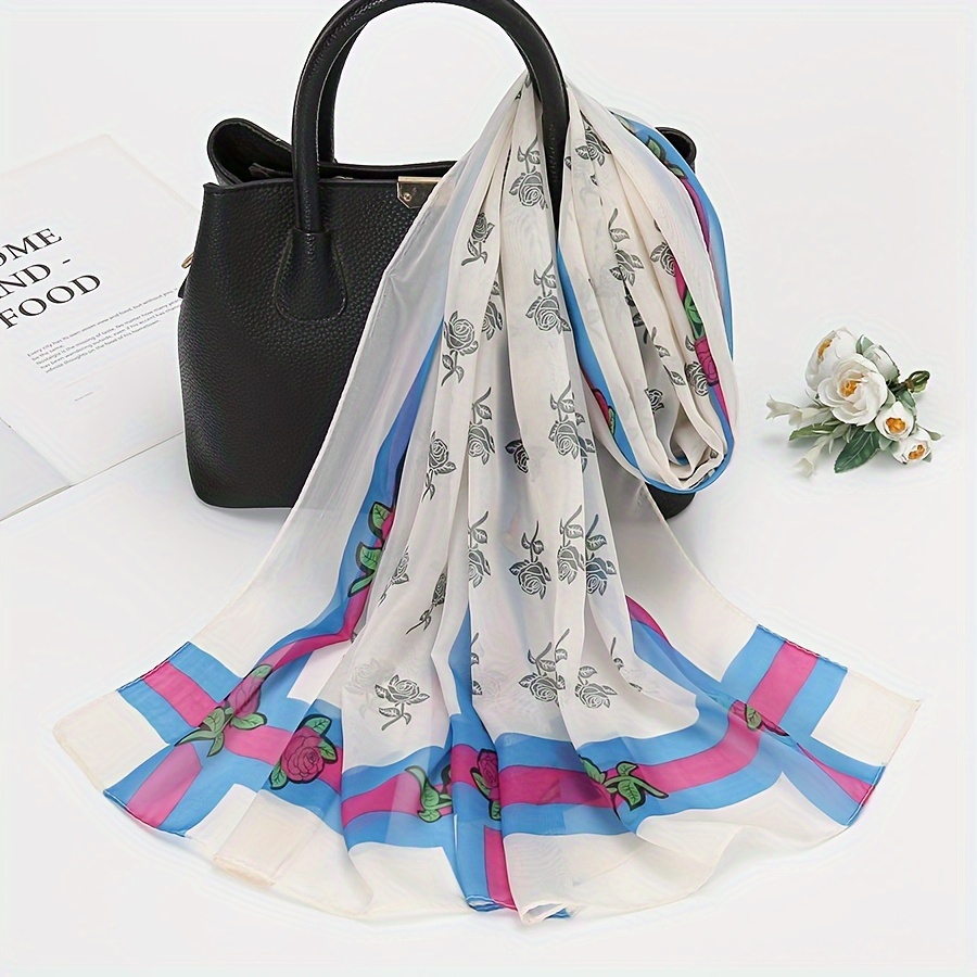 50 04cm 150 11cm Stylish Flower Chiffon Scarf Classic Wide Stripe Print ...