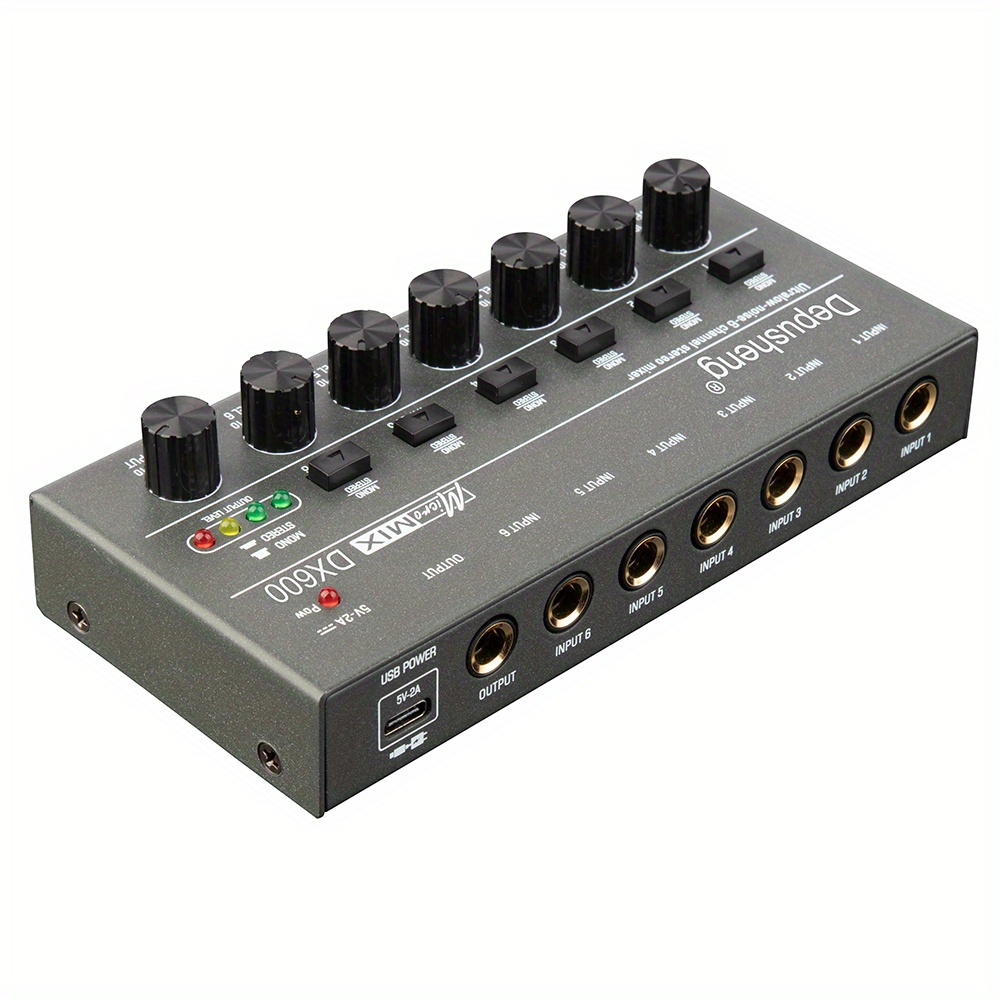 Depusheng DX600 Audio Mixer Line Mixer, DC 5V, 6/4-Stereo Ultra, Low-Noise  6/4-Channel For Sub-Mixing, Ideal For Small Clubs Or Bars, As Guitars, Bass