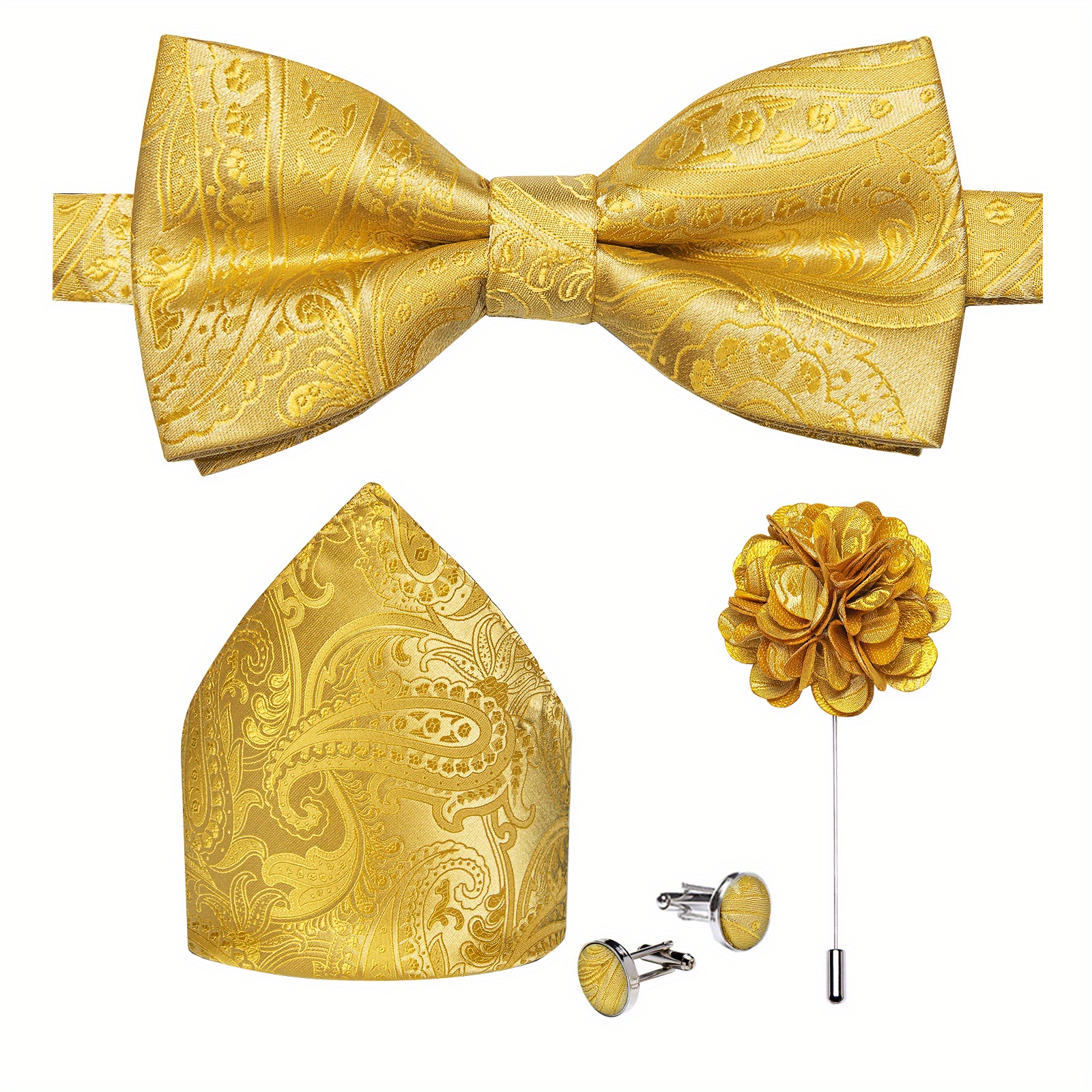 DiBanGu Silk Bow Tie Set with Pocket Square, Lapel Pin & Cufflinks