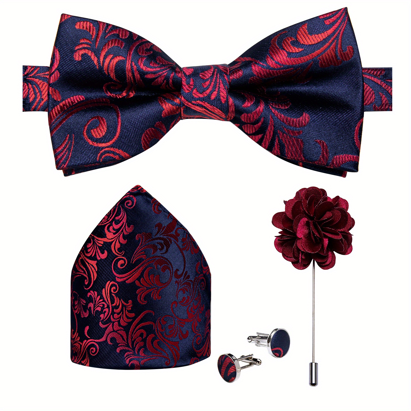 DiBanGu Silk Bow Tie Set with Pocket Square, Lapel Pin & Cufflinks