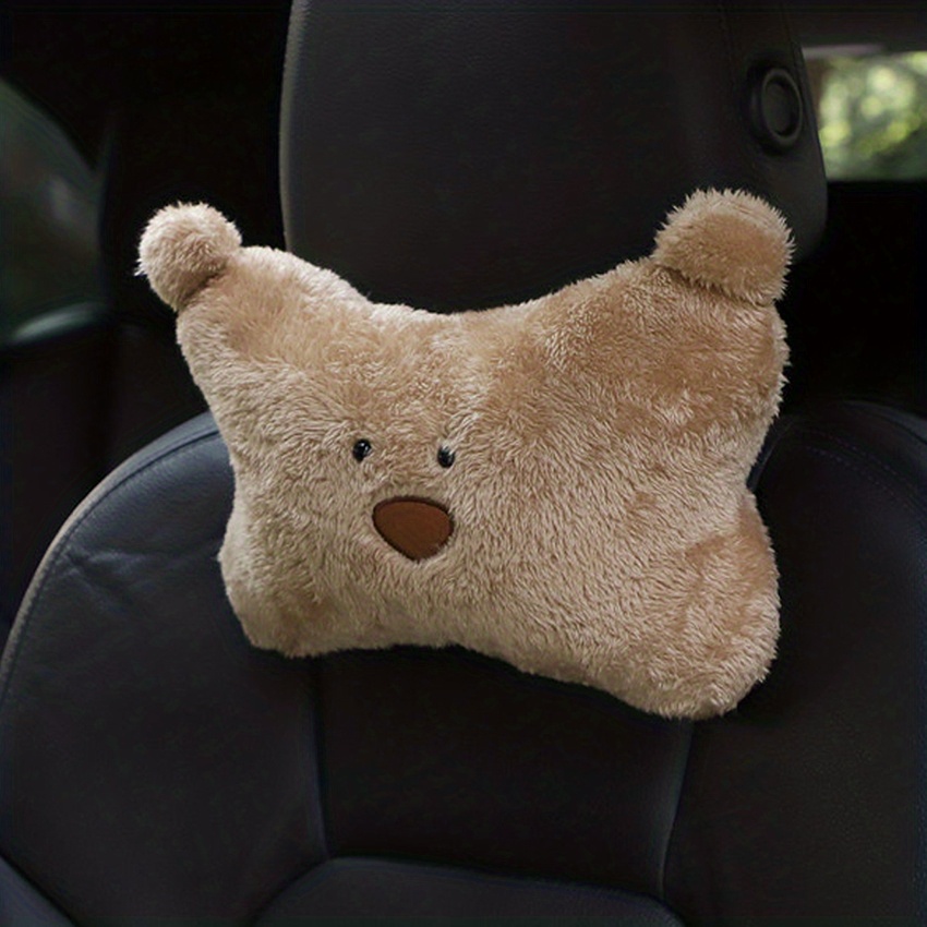 TEMU Car Cartoon Bear Headrest Neck Pillow, Gray Cute Plush Cushion, Car Interior Accessory