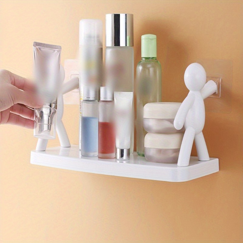 1pc cute small man wall floating shelf punch free bathroom wall shelf kitchen vinegar bottle spice bottle storage organizer details 1