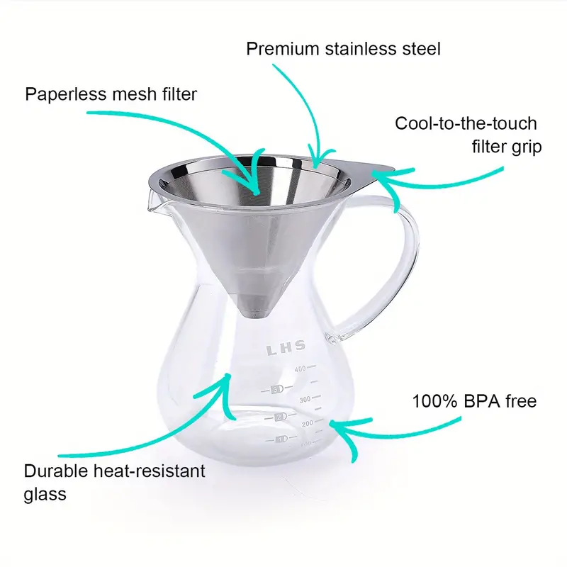 1pc pour over coffee maker paperless reusable stainless steel filter and bpa free glass carafe hand coffee dripper brewer pot details 2