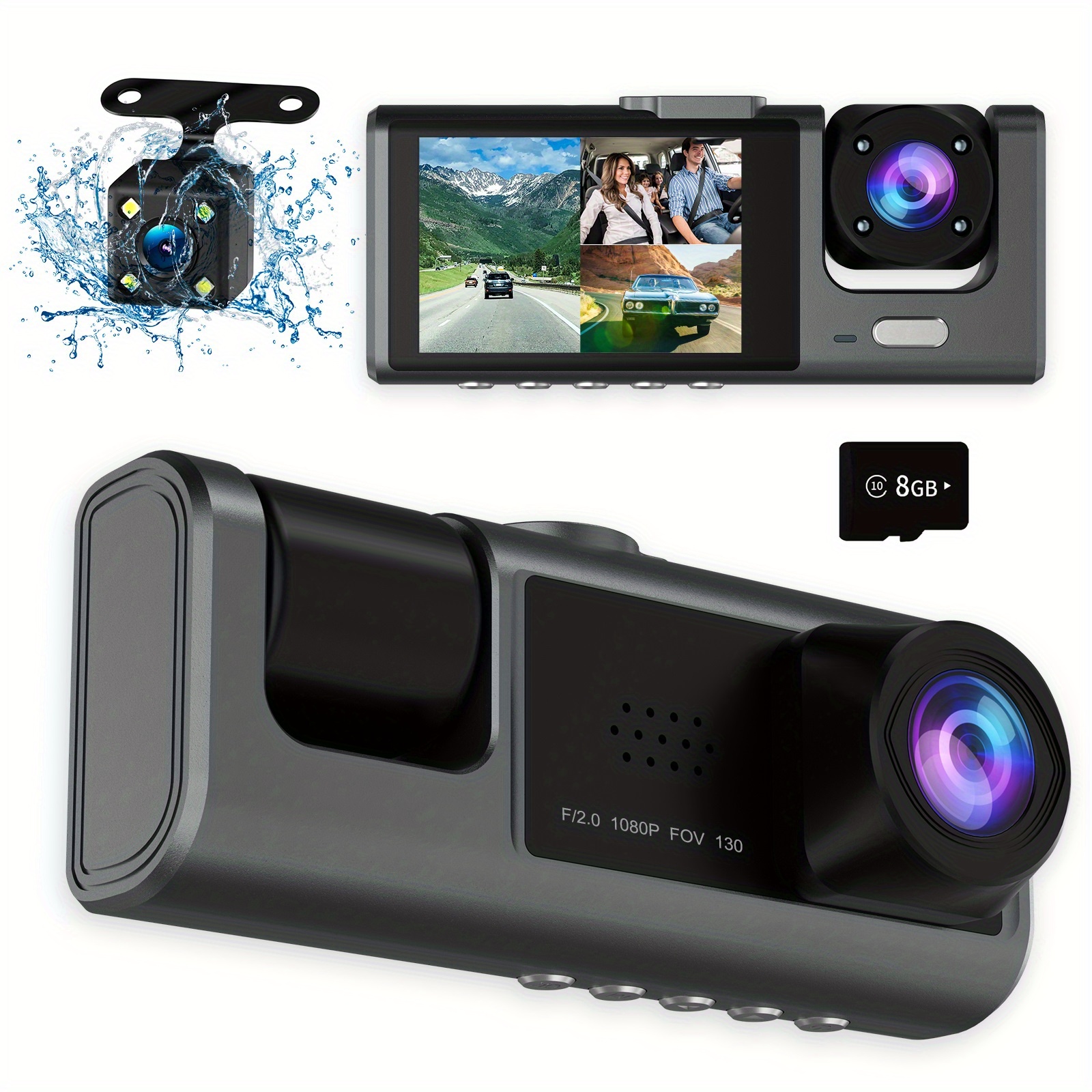 JQVV 3 Channel Dash Cam, 1080P Front and Rear Inside, Dashcam Three Way  Triple Car Camera with IR Night Vision, Loop Recording, G-Sensor, WDR, 24H  Parking Monitor, Support 128GB Max 