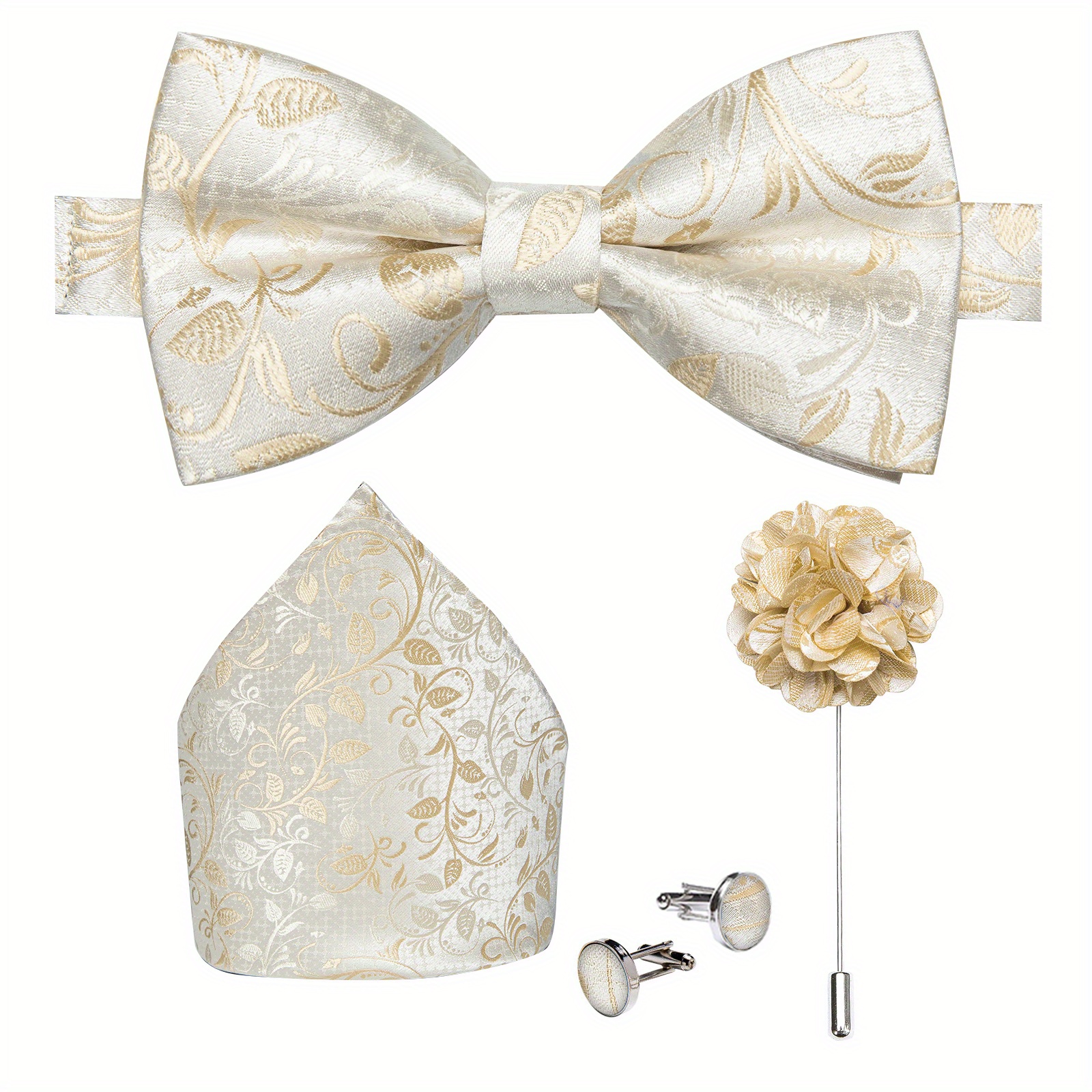 DiBanGu Silk Bow Tie Set with Pocket Square, Lapel Pin & Cufflinks
