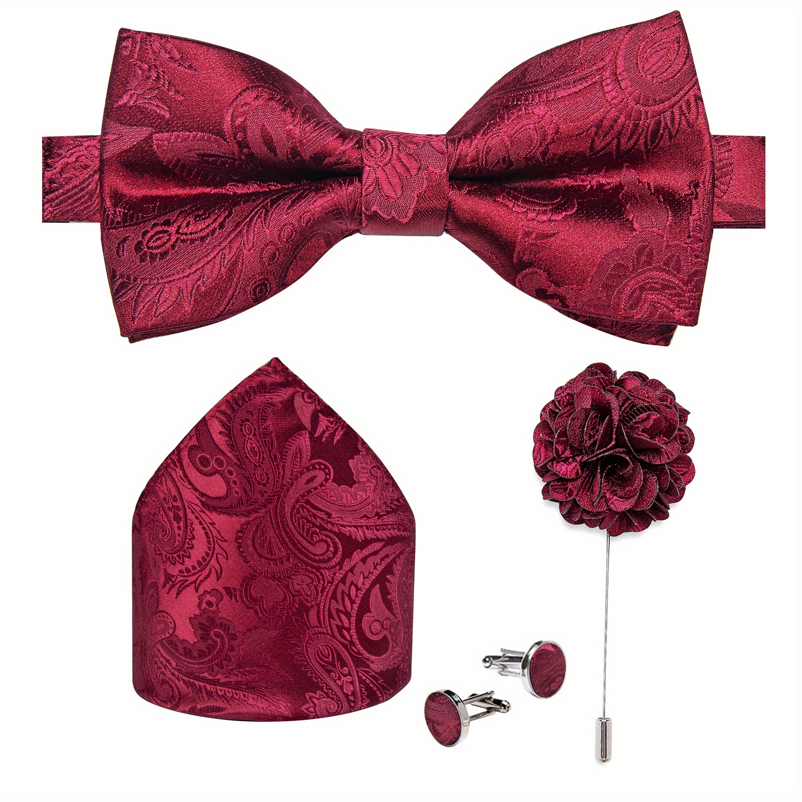DiBanGu Silk Bow Tie Set with Pocket Square, Lapel Pin & Cufflinks