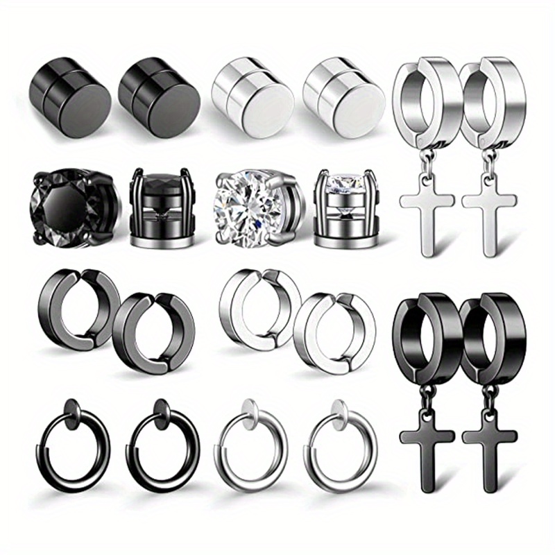 10 Pairs Of Non-pierced Earrings Stainless Steel Non-pierced Earrings Cross  Pendant Hoop Earrings For Men And Women Clip-on Earring Set