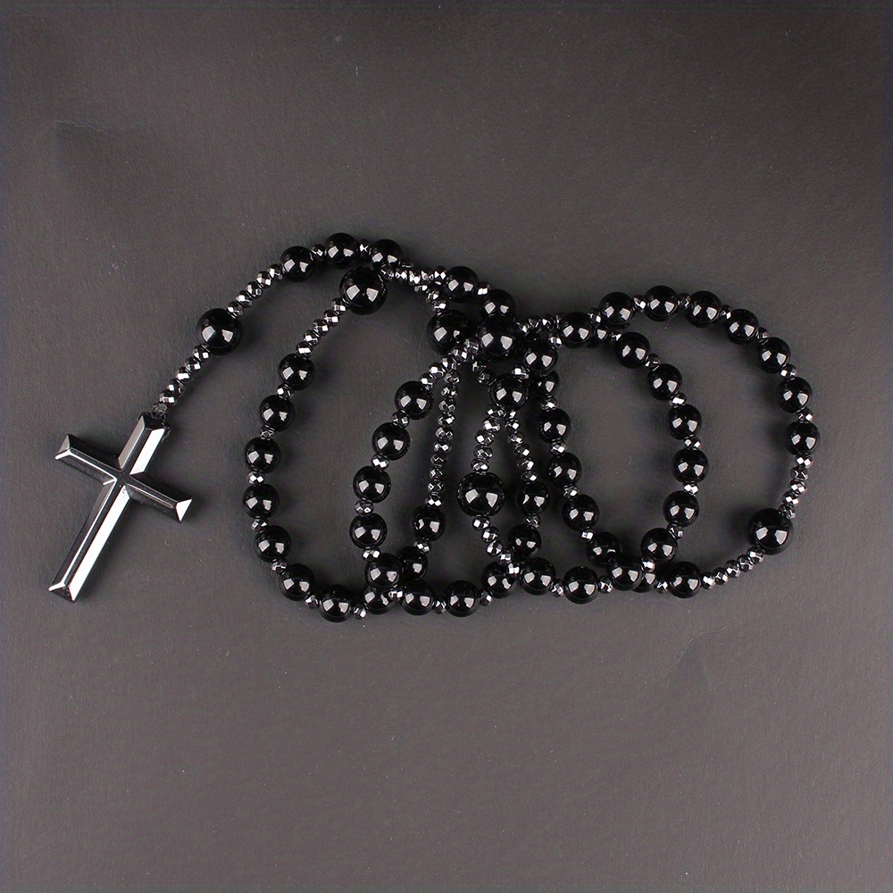 Men's Bead Necklace With Tiger Eye Agate Cross Pendant