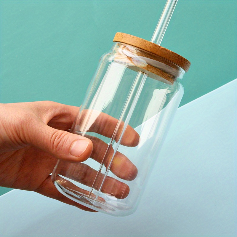 600ML Portable Borosilicate Glass Cup Wooden Lid Straw Water Cup
