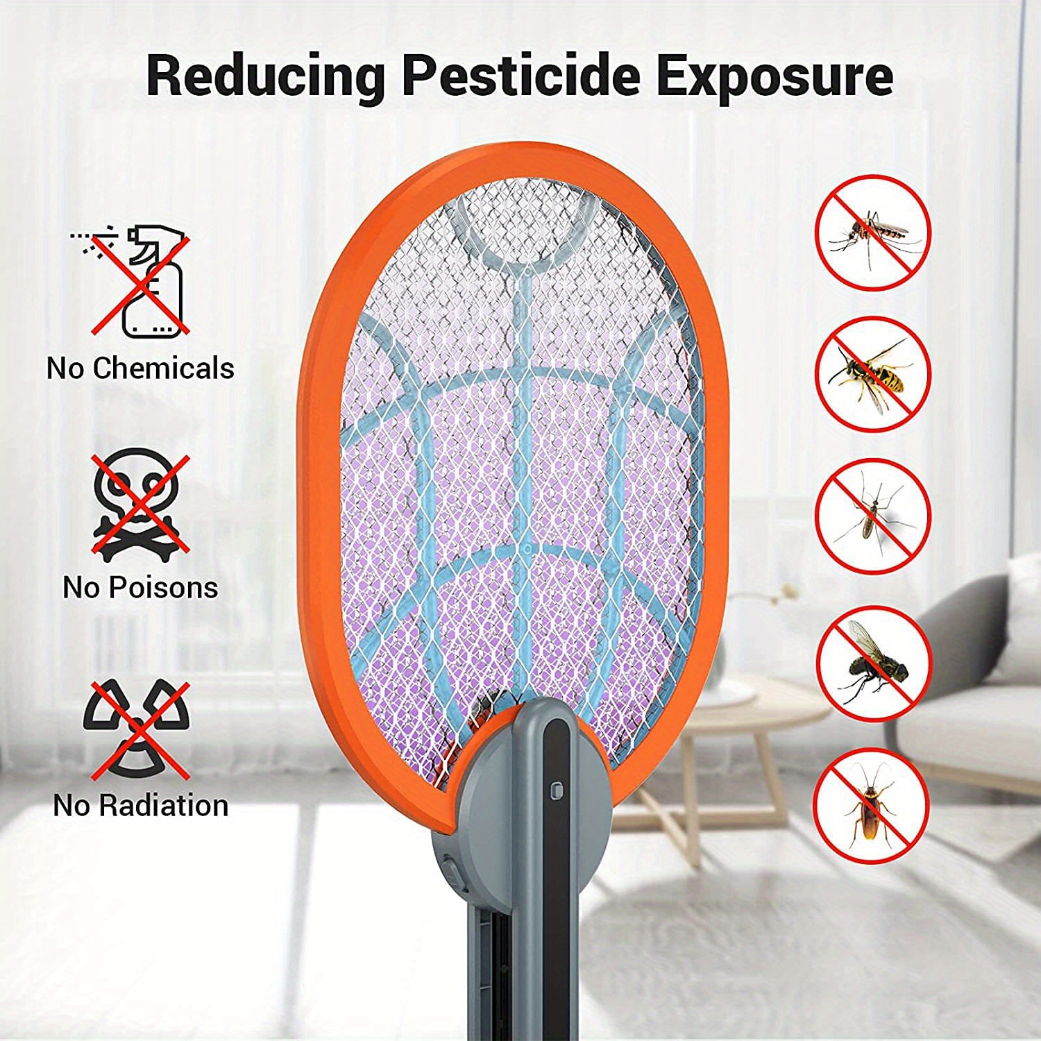Rechargeable Electric Fly Swatter With 3 Layer Safety Mesh Collapsible Insect Trap For Indoor