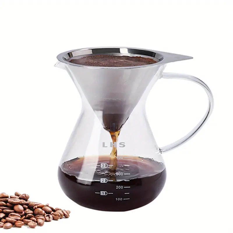 1pc pour over coffee maker paperless reusable stainless steel filter and bpa free glass carafe hand coffee dripper brewer pot details 0