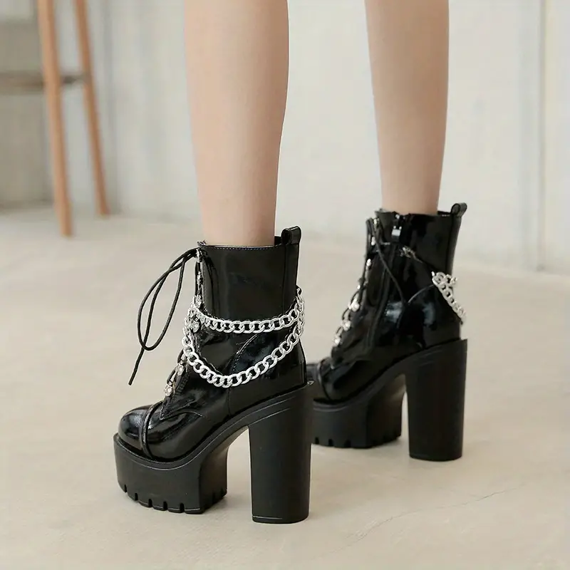 Womens Block Chunky Heels Buckle Platform Lace-Up Punk Goth Ankle