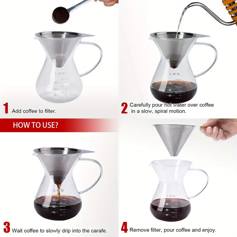 1pc pour over coffee maker paperless reusable stainless steel filter and bpa free glass carafe hand coffee dripper brewer pot details 1