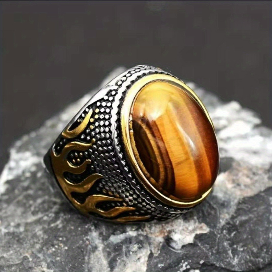 Vintage Men's Tiger Eye Gemstone Ring, Unique Design
