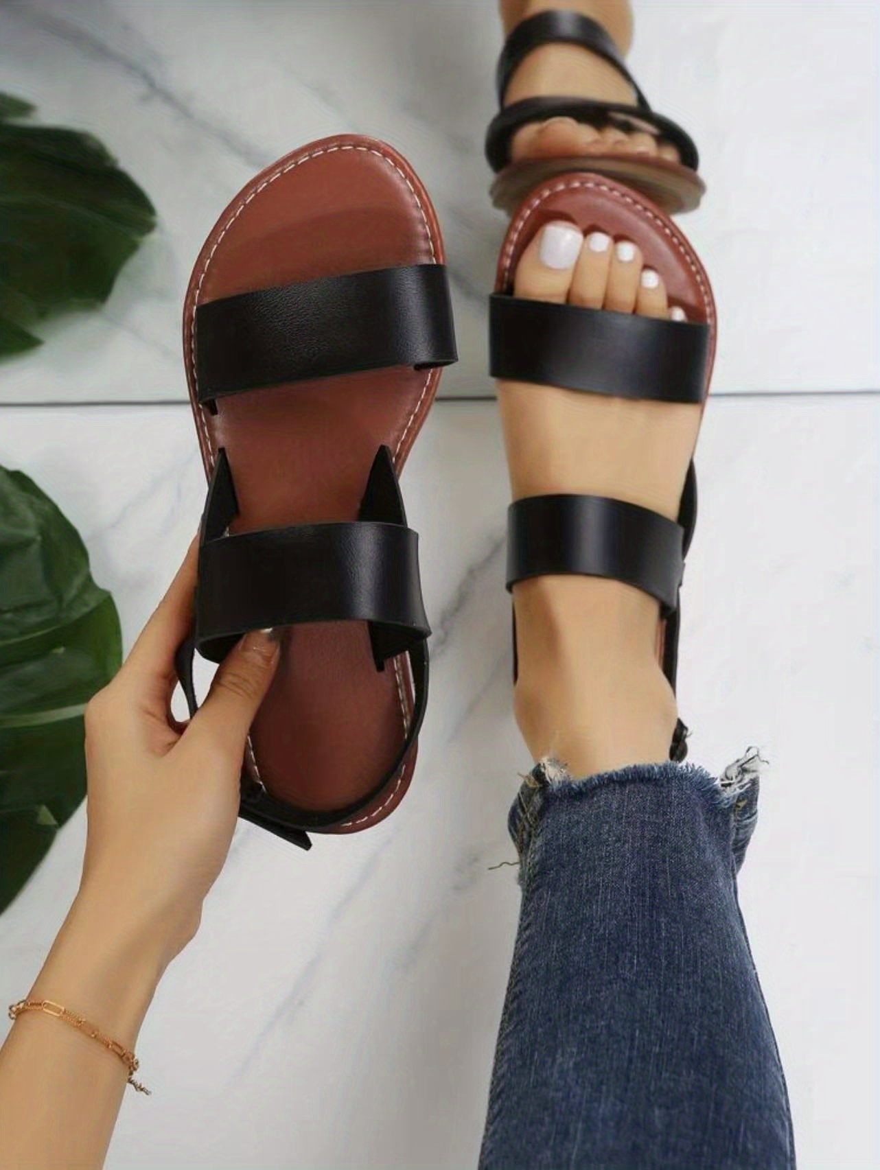 Women's Solid Color Flat Sandals Open Toe Buckle Strap Round Temu