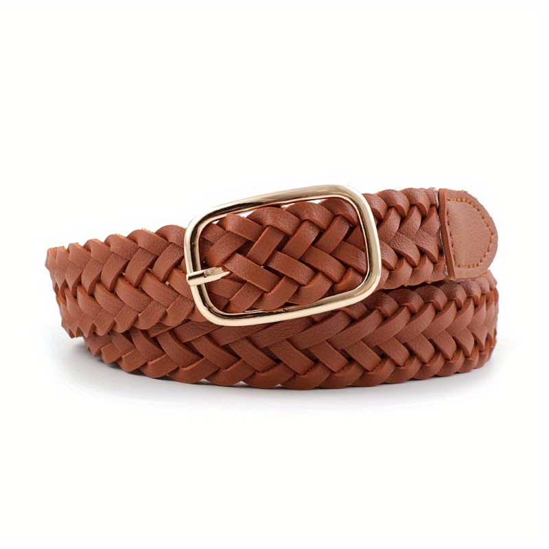 Vintage Pin Buckle Leather Belt Classic Solid Color Braided - Temu Canada