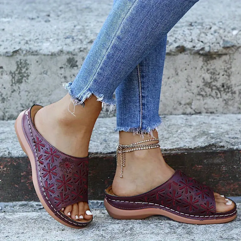 slide shoes women s casual wedge floral open toe non slip details 4
