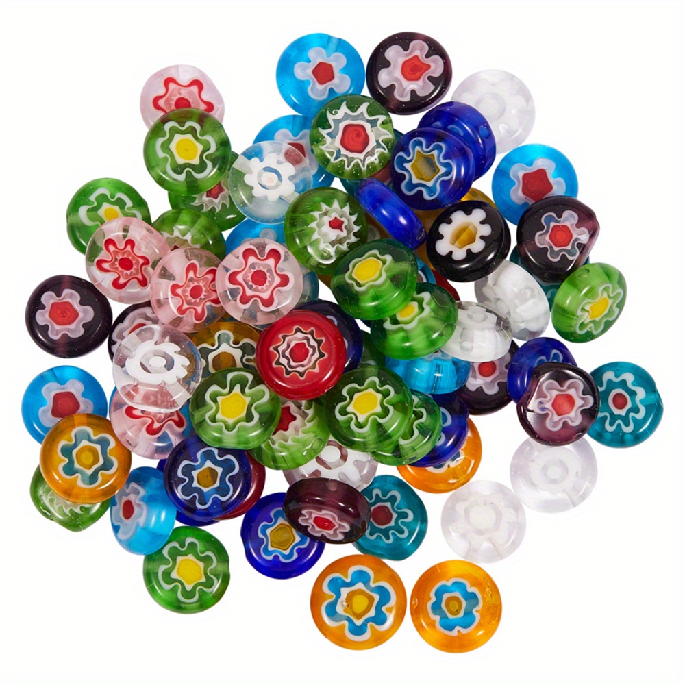 80pcs 10mm Handmade Millefiori Lampwork Glass Crystal Flat Round Bead Loose Spacer Beads For Earring Bracelet Necklace Jewelry Diy Craft Making