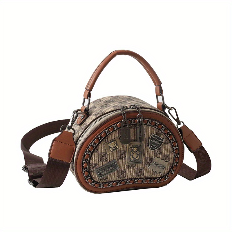 Vintage Round Handbags, Badge Decor Crossbody Bag, Small Chain