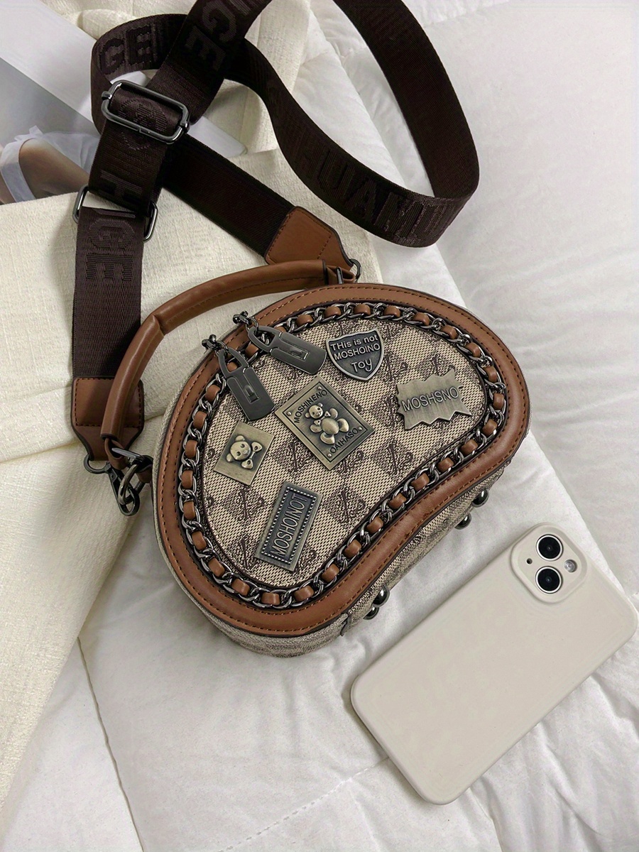 Vintage Round Handbags, Badge Decor Crossbody Bag, Small Chain Decor Purses  For Women - Temu