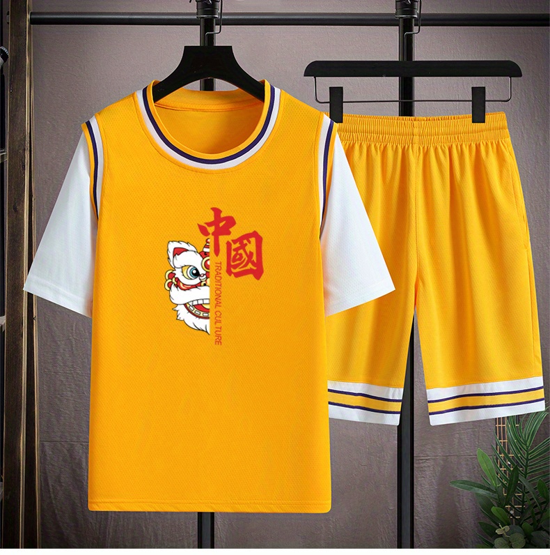 Tiger Chinese Print Mens Tracksuit Fake 2 Pcs Design Basketball T