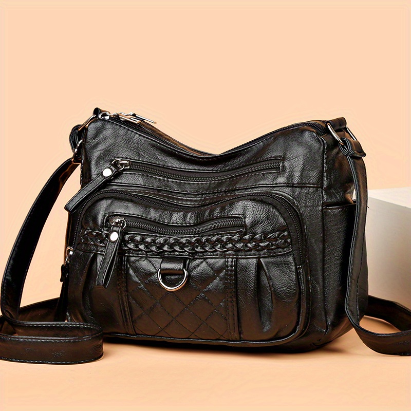 Leather Messenger Bag Black Casual Crossbody Bag Minimalist 