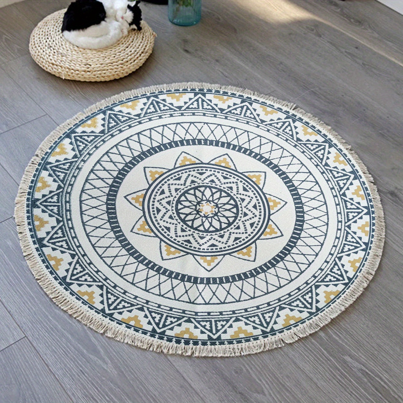 Boho Round Area Rug Vintage Non Slip Throw Floor Mat Handwoven Tassel