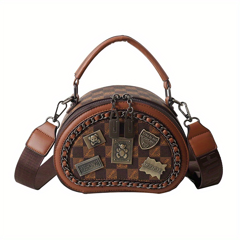 Vintage Round Handbags, Badge Decor Crossbody Bag, Small Chain
