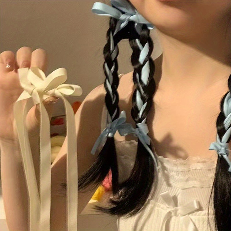 2pcs Braided Hair Ribbon Bow Hair Clip, Hair Pin, Hair Barrette Streamer Sweet Girl Hair Card Double Ponytail Headwear,Hairclip,Temu