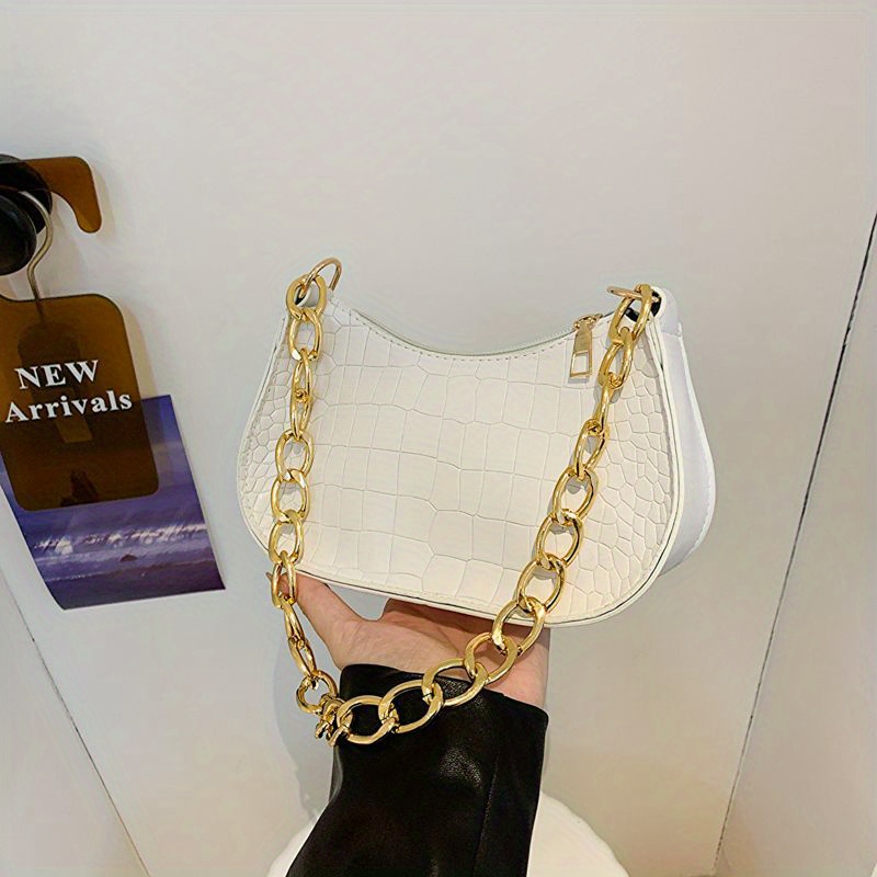 2023 New Pu Women's Bag Crocodile Texture Baguette Bag Chain Bag Retro  Underarm Bag