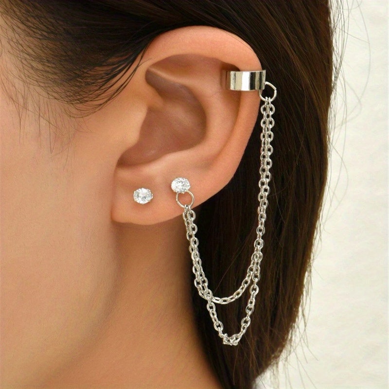  Ear Cuff Chain Earrings Sparkling Rhinestone Long