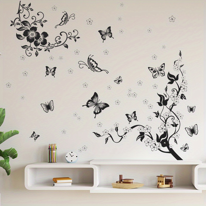 Image of Self-adhesive Wall Stickers For Home Decor Featuring Black And White Artistic Flowers And Butterflies, Suitable For Bedrooms, Living Rooms, And