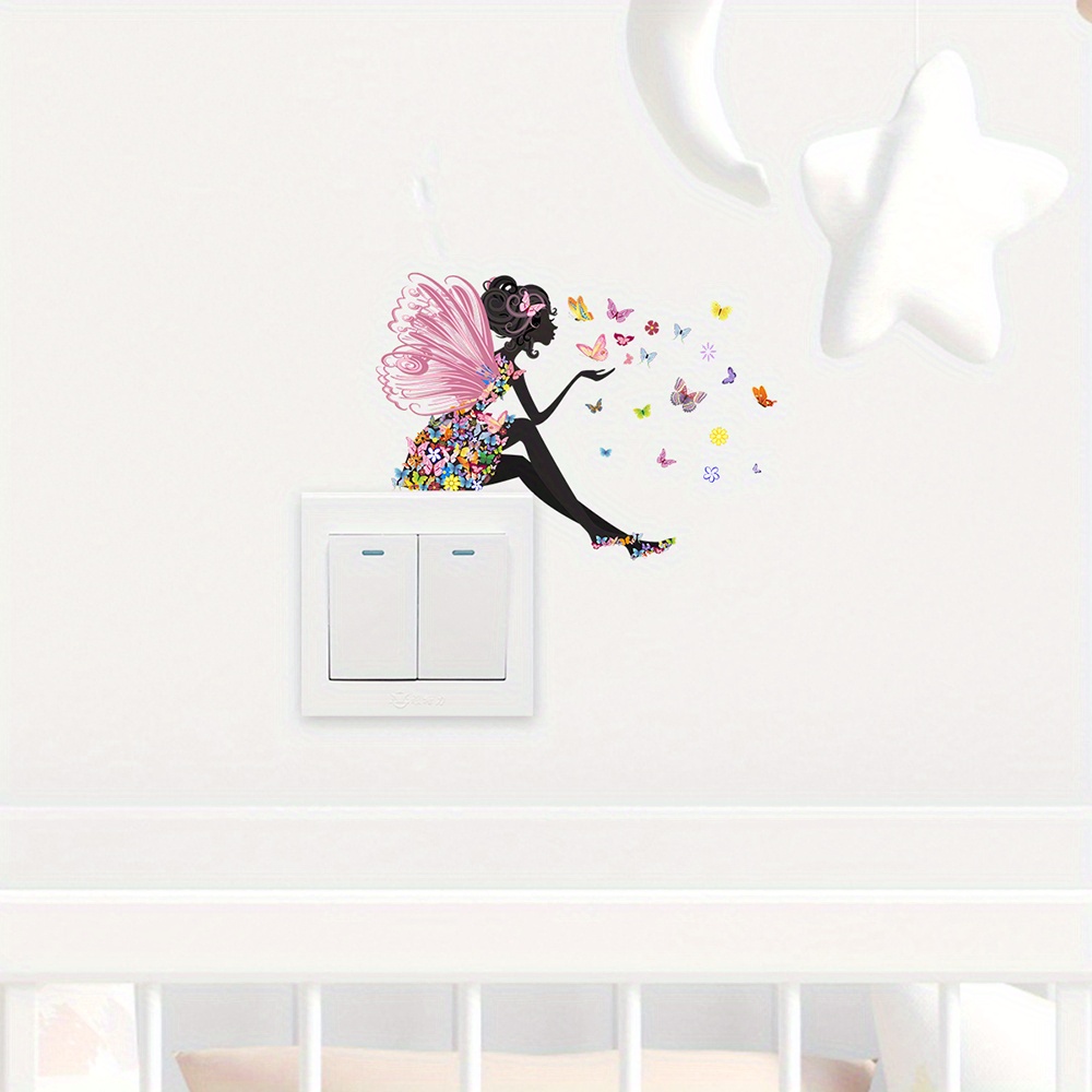 Image of 1pc Of Switch Sticker With Cartoon And Flower Fairy Design, Wall Decoration Sticker For Bedroom And Living Room