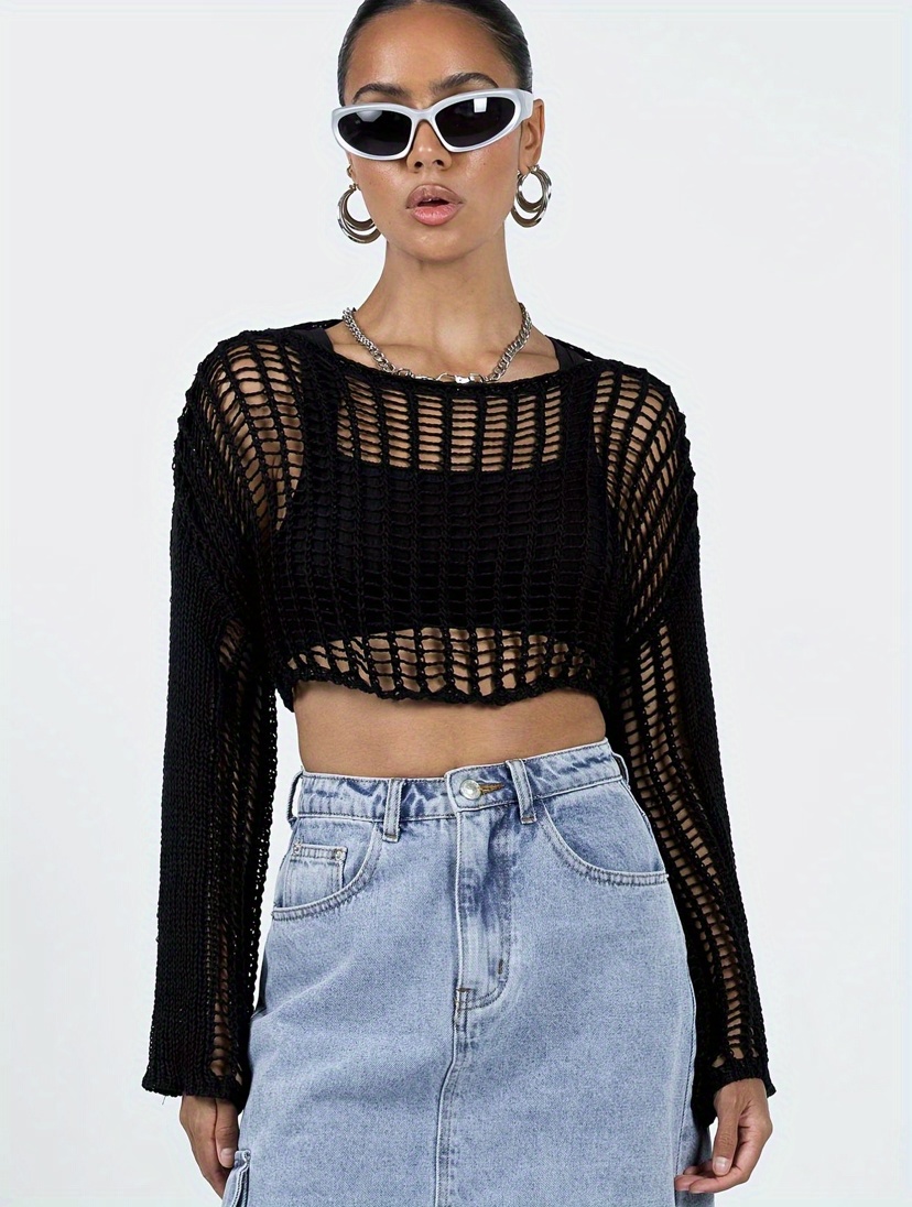 Y2k Summer Crop Sweater Sexy Long Sleeve Crew Neck Sweater - Temu