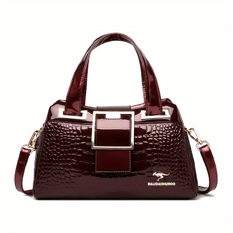 Burgundy Croc Embossed Genuine Leather Handbags Satchel Bags for Work