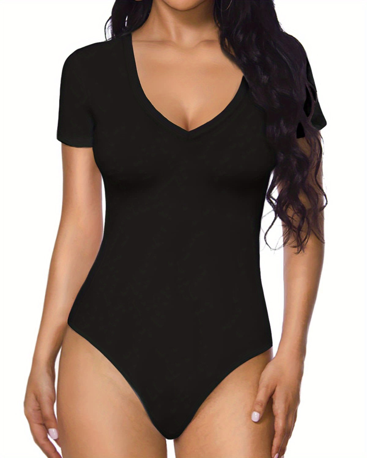 Solid V Neck Bodysuit Sexy Short Sleeve Slim Summer One - Temu