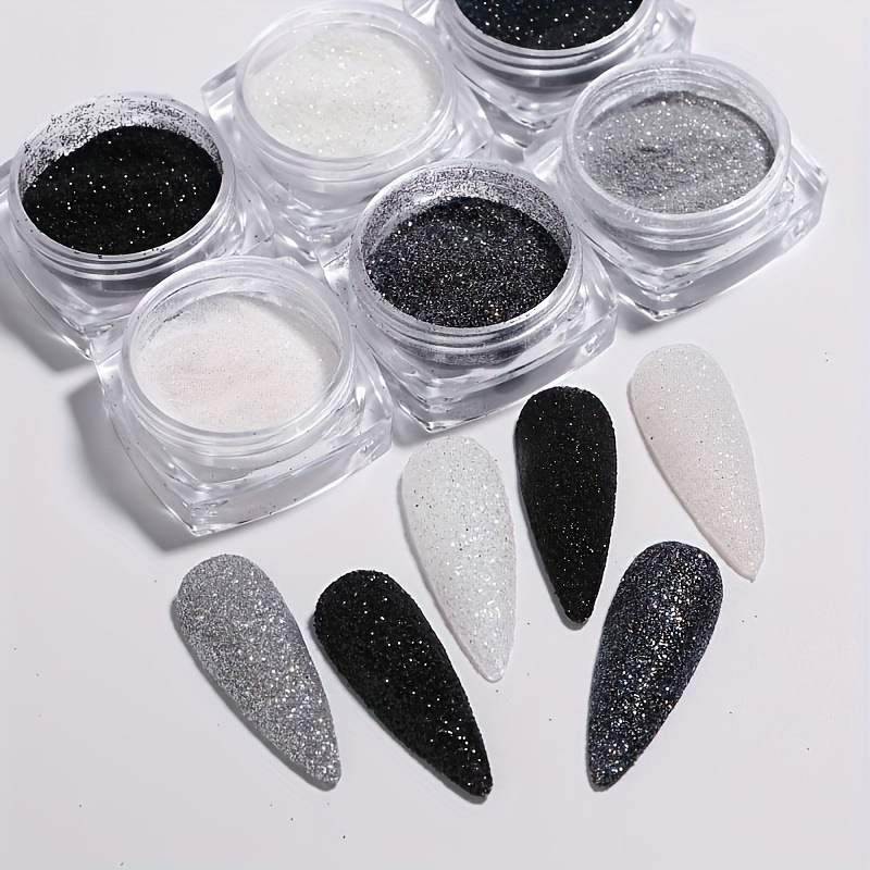 6 pcs black white silvery nail art glitter powder set micro sand shimmer powder for nail pigment dust and decorations details 1