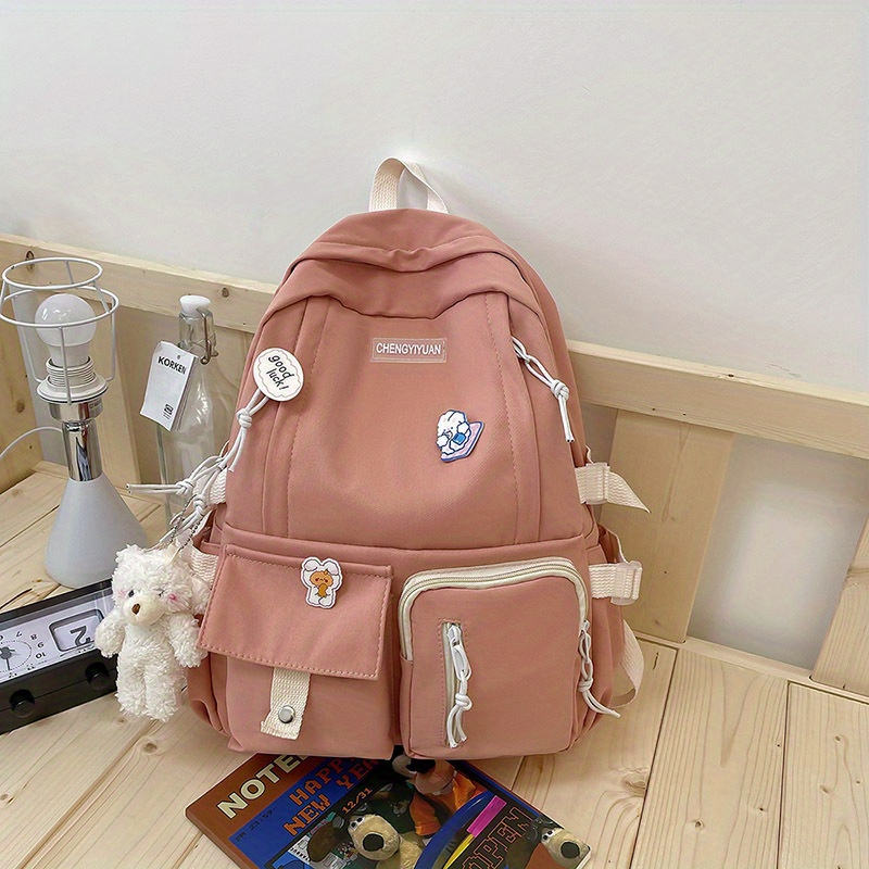 College Student Rucksack Large Capacity Casual Book Bags with Cute Pendant  Simple Adjustable Strap Fashion for Outdoor Sport