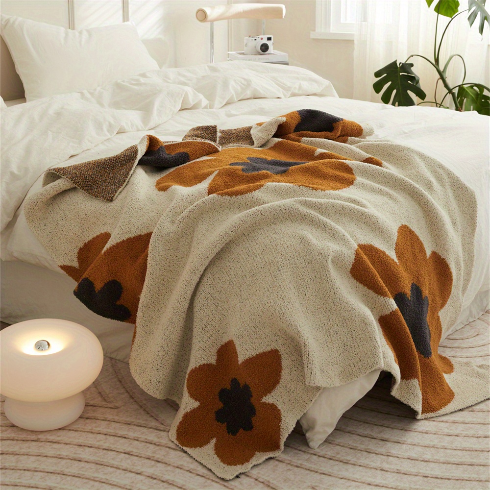 1pc nordic flower pattern knitted blanket air conditioning blanket warm cozy soft throw blanket for couch bed sofa details 0