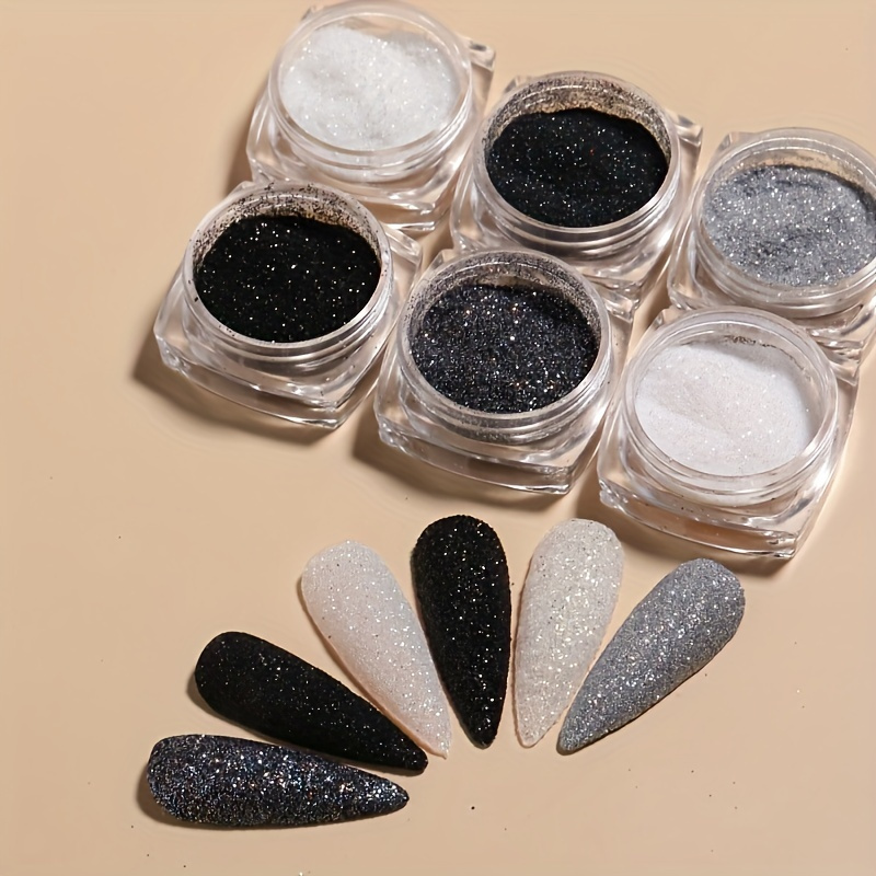 6 pcs black white silvery nail art glitter powder set micro sand shimmer powder for nail pigment dust and decorations details 4