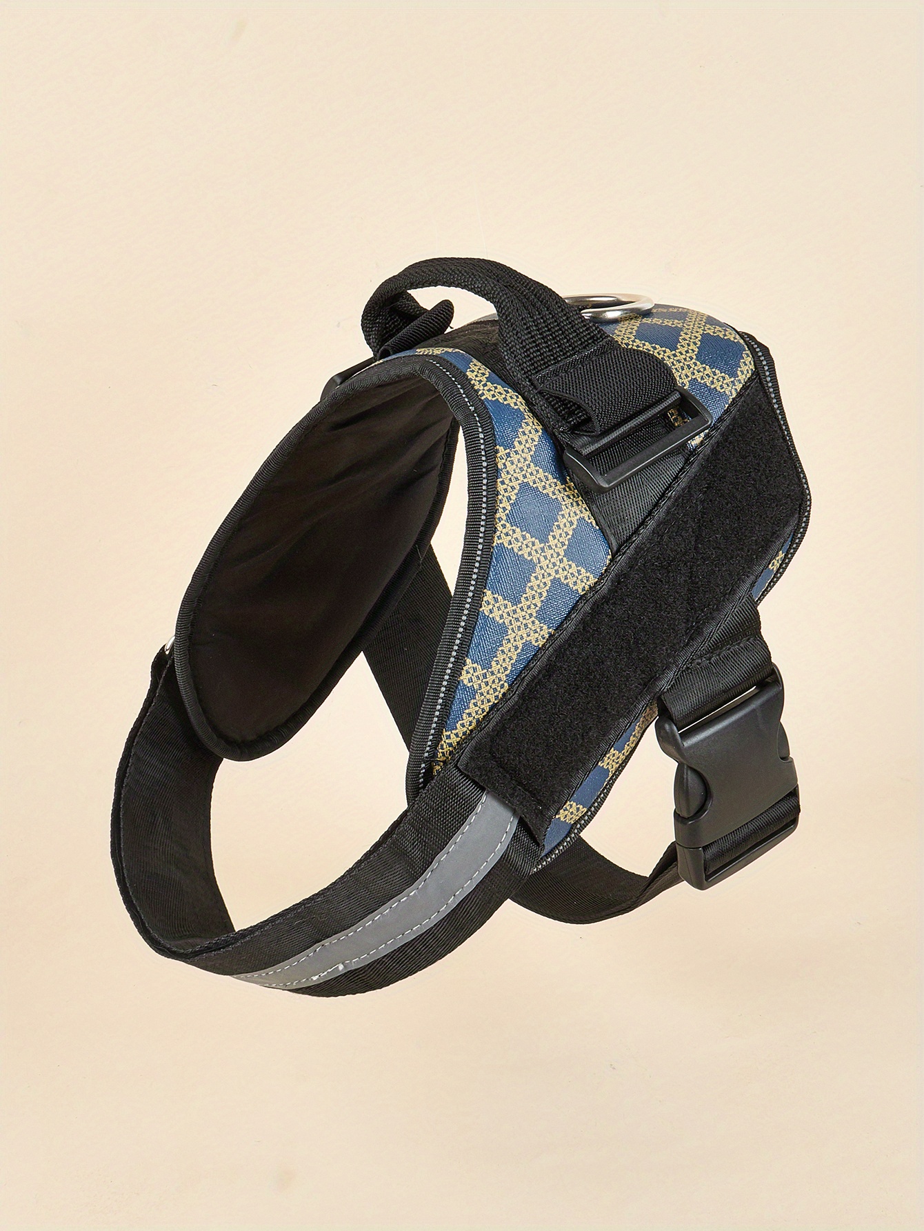 Blue Plaid Nopull Dog Harness With Name Patch, Handle, And Dring