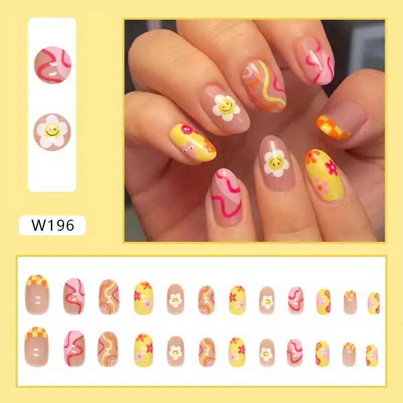 Y2k, Sunflower Press On Nails, Colorful Ripple Short Nails, Women's * Nails