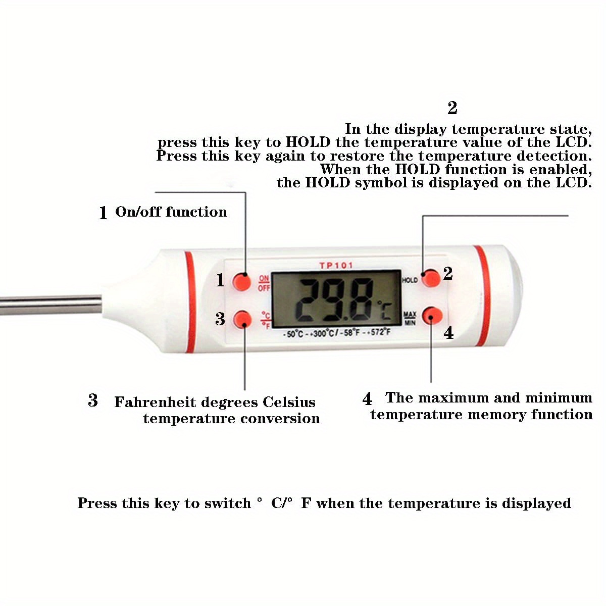 Tp16 Digital Meat Thermometer Cooking Thermometer With Stainless Steel Long  Food Temperature Probe For Liquids, Oven, Smoker, Bbq, Candy, Oil, Deep Fr