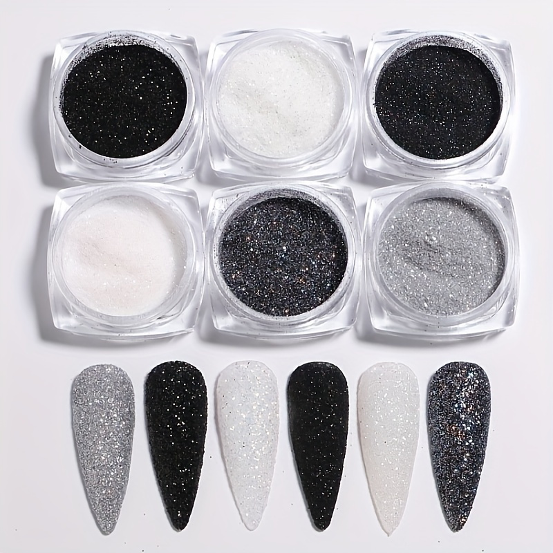 6 pcs black white silvery nail art glitter powder set micro sand shimmer powder for nail pigment dust and decorations details 0